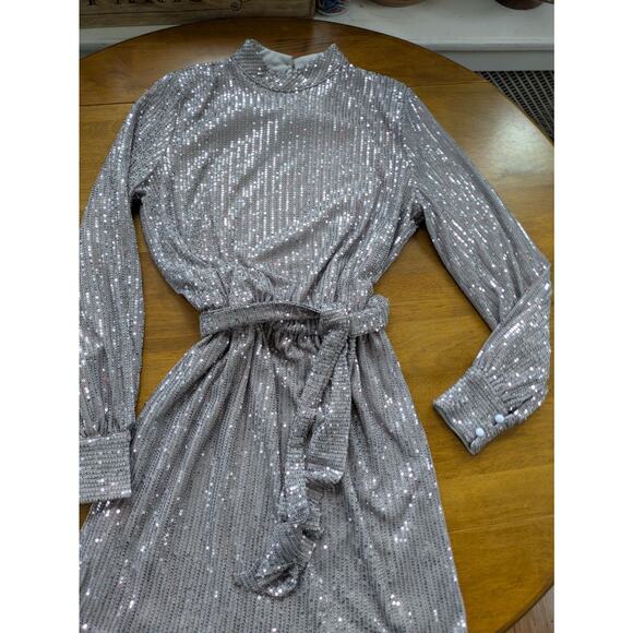 Miss Ord Silver Sequin Mini Dress M Mock Neck Belted NYE 70s 80s Glam - Picture 11 of 12